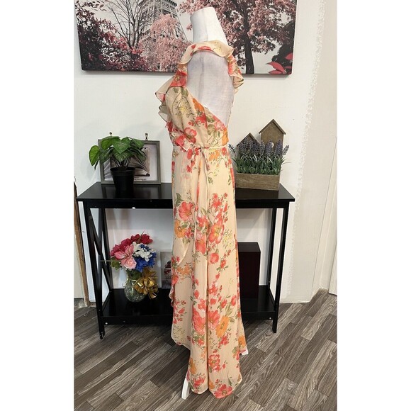 Lulus Women’s Wrap Long Dress Size  M Floral ruffled adjustable straps V Neck - Picture 6 of 12